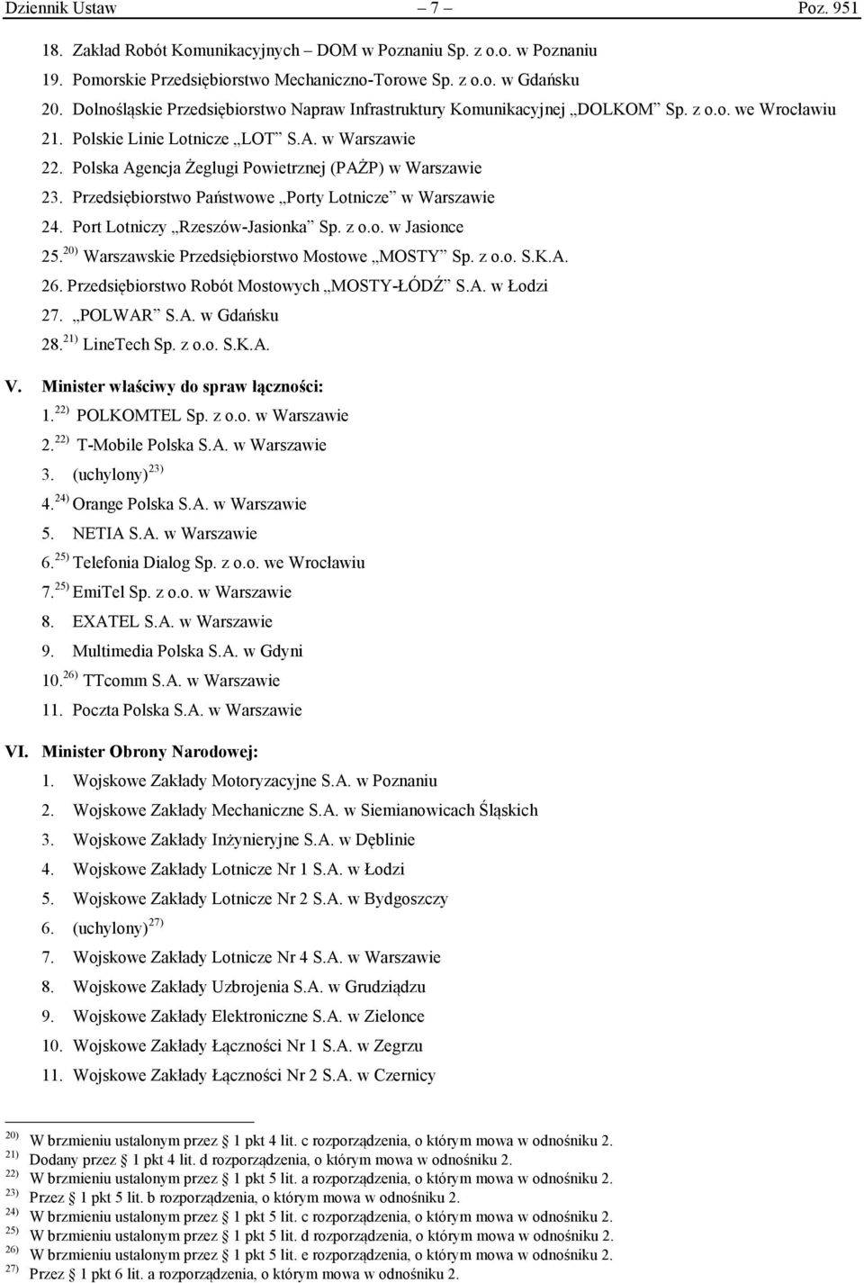 Polska Agencja Żeglugi Powietrznej (PAŻP) w Warszawie 23. Przedsiębiorstwo Państwowe Porty Lotnicze w Warszawie 24. Port Lotniczy Rzeszów-Jasionka Sp. z o.o. w Jasionce 25.