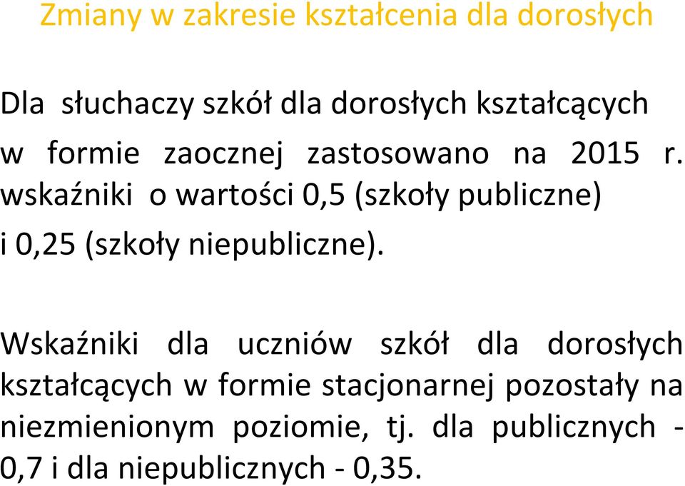 wskaźniki o wartości 0,5 (szkoły publiczne) i 0,25 (szkoły niepubliczne).