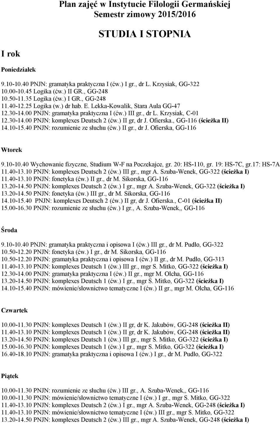 Krzysiak, C-01 12.30-14.00 PNJN: komplexes Deutsch 2 (ćw.) II gr, dr J. Ofierska., GG-116 (ścieżka II) 14.10-15.40 PNJN: rozumienie ze słuchu (ćw.) II gr., dr J. Ofierska, GG-116 9.10-10.