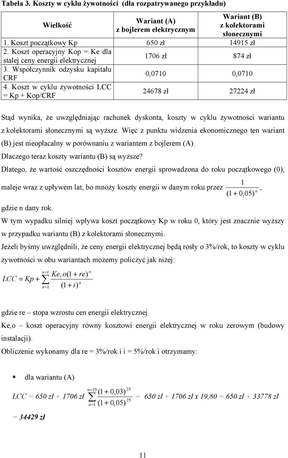 Koszt w cyklu żywotości LCC = Kp + Kop/CRF 24678 zł 27224 zł Stąd wyika, ż uwzględiając rachuk dyskota, koszty w cyklu żywotości wariatu z kolktorami słoczymi są wyższ.