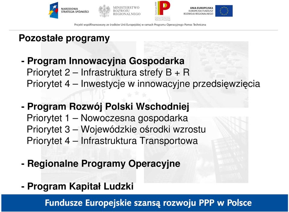 Wschodniej Priorytet 1 Nowoczesna gospodarka Priorytet 3 Wojewódzkie ośrodki wzrostu