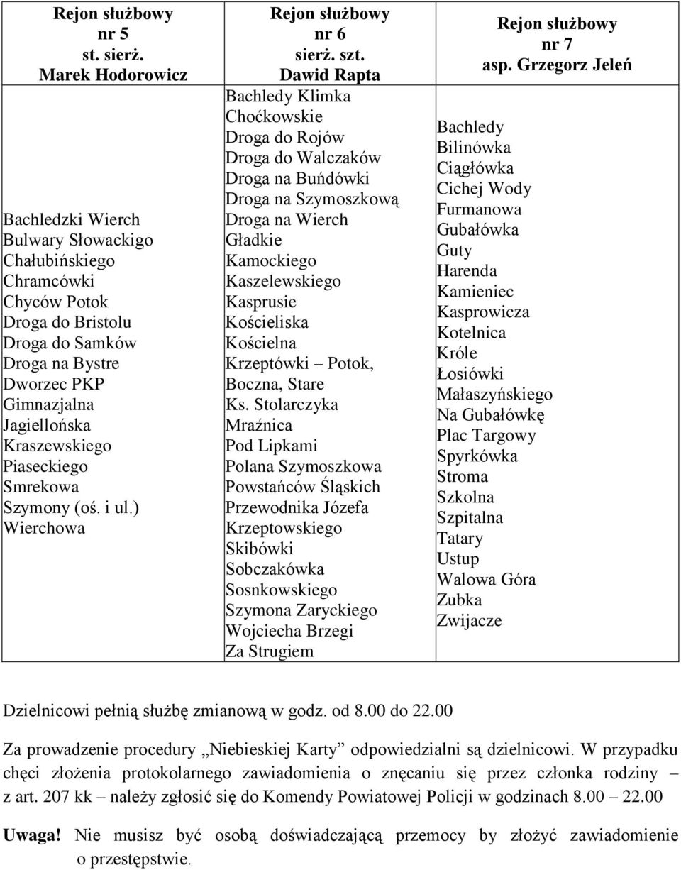 Piaseckiego Smrekowa Szymony (oś. i ul.) Wierchowa Rejon służbowy nr 6 sierż. szt.