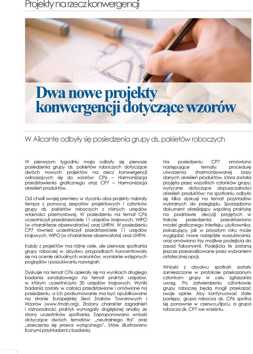 pakietów roboczych dotyczące dwóch nowych projektów na rzecz konwergencji odnoszących się do wzorów: CP6 Harmonizacja przedstawienia graficznego oraz CP7 Harmonizacja określeń produktów.