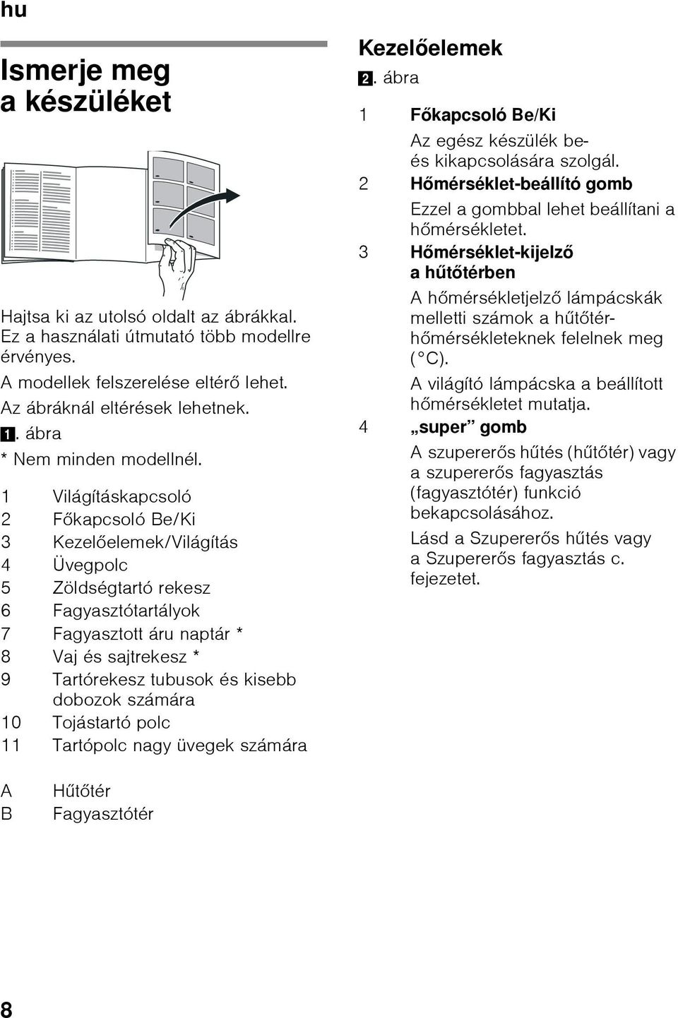 1 Világításkapcsoló 2 Főkapcsoló Be/Ki 3 Kezelőelemek/Világítás 4 Üvegpolc 5 Zöldségtartó rekesz 6 Fagyasztótartályok 7 Fagyasztott áru naptár * 8 Vaj és sajtrekesz * 9 Tartórekesz tubusok és kisebb