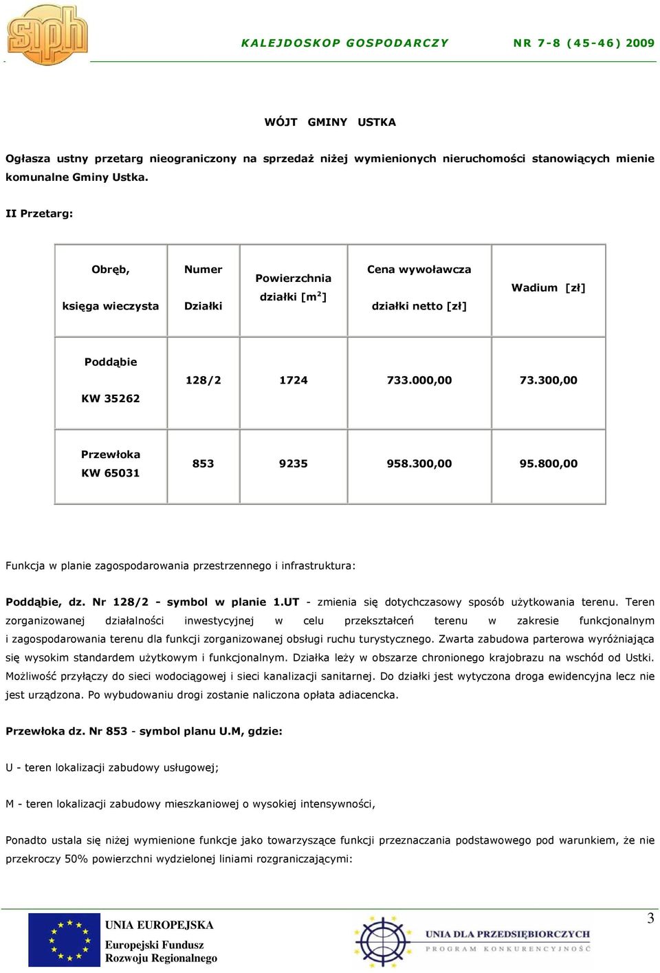 300,00 Przewłoka KW 65031 853 9235 958.300,00 95.800,00 Funkcja w planie zagospodarowania przestrzennego i infrastruktura: Poddąbie, dz. Nr 128/2 - symbol w planie 1.