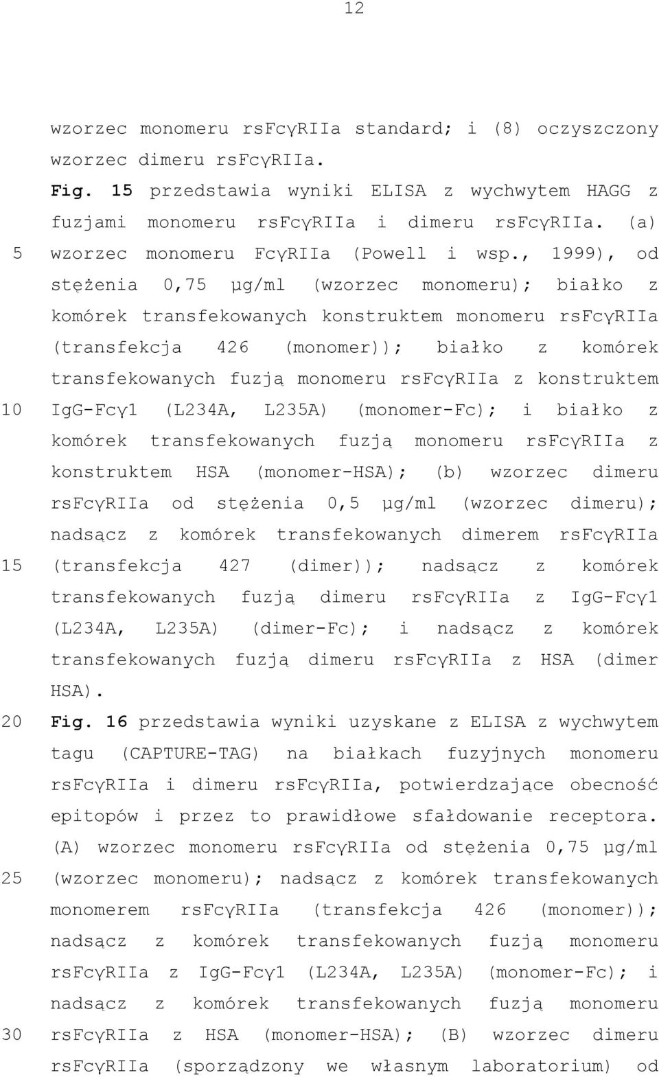 , 1999), od stężenia 0,7 µg/ml (wzorzec monomeru); białko z komórek transfekowanych konstruktem monomeru rsfcγriia (transfekcja 426 (monomer)); białko z komórek transfekowanych fuzją monomeru