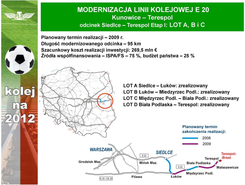 Długość modernizowanego odcinka 95 km Szacunkowy koszt realizacji inwestycji: 269,5 mln Źródła współfinansowania