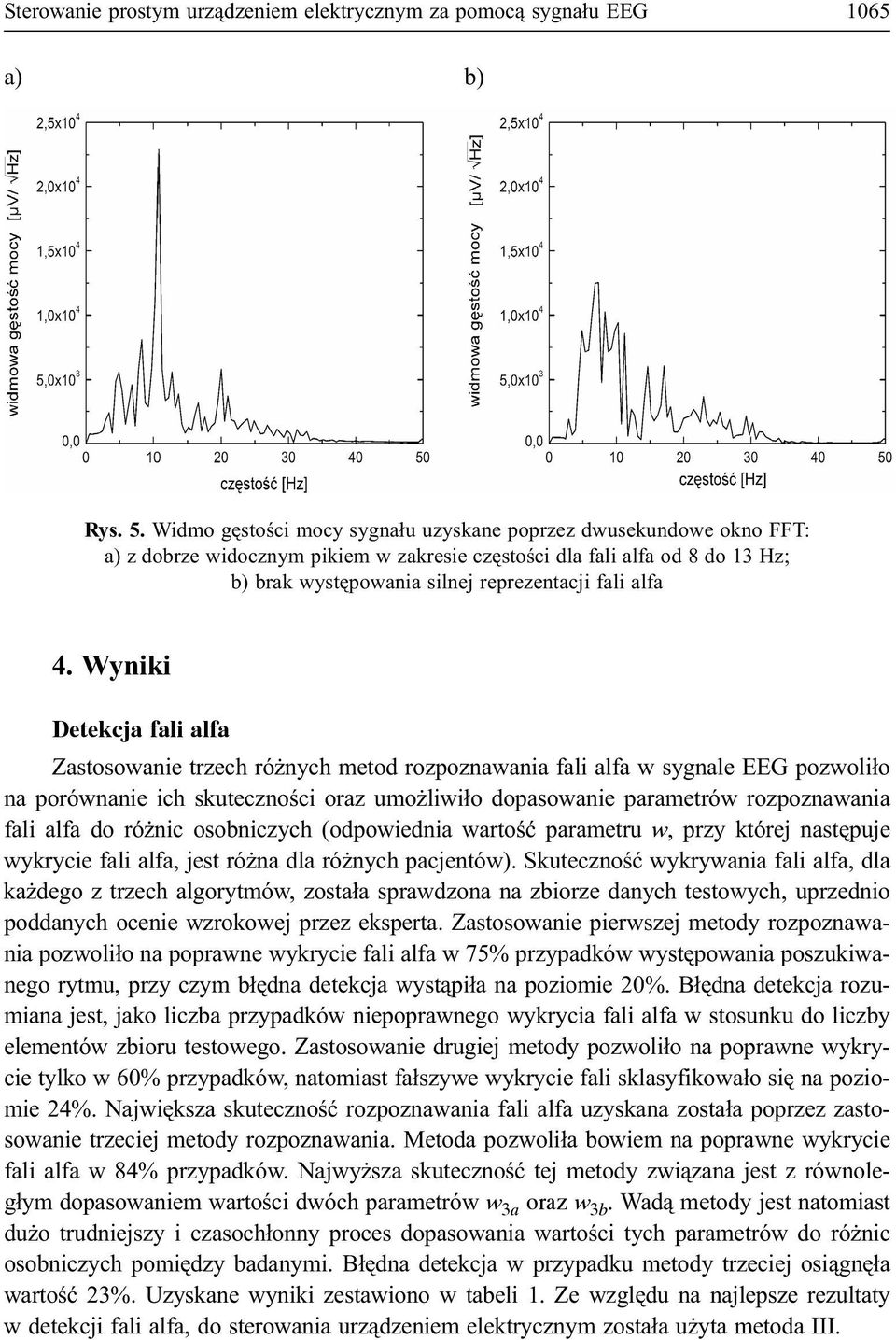 4. Wyniki Detekcja fali alfa Zastosowanie trzech ró nych metod rozpoznawania fali alfa w sygnale EEG pozwoli³o na porównanie ich skutecznoœci oraz umo liwi³o dopasowanie parametrów rozpoznawania fali