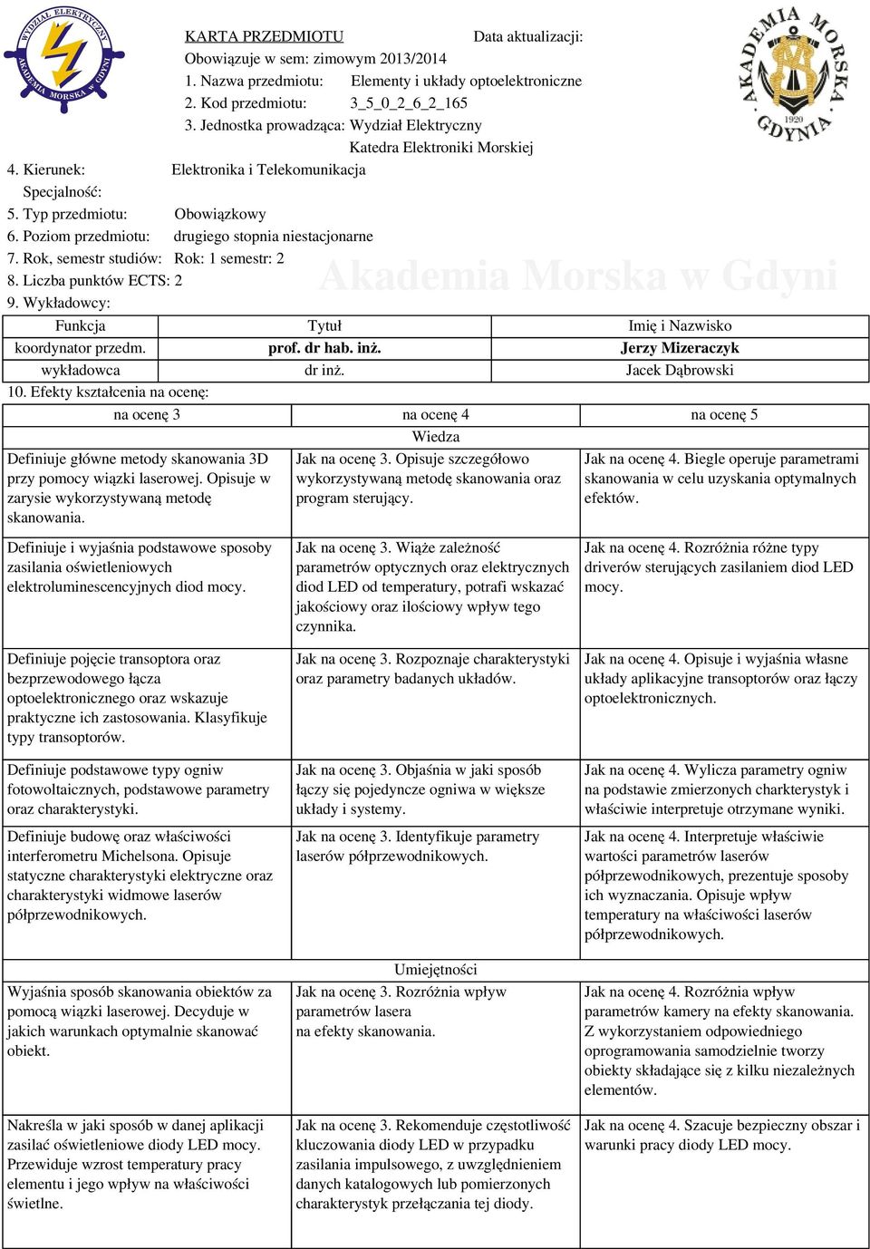 Poziom przedmiotu: drugiego stopnia niestacjonarne 7. Rok, semestr studiów: Rok: 1 semestr: 2 8. Liczba punktów ECTS: 2 9. Wykładowcy: Funkcja Tytuł Imię i Nazwisko koordynator przedm. prof. dr hab.