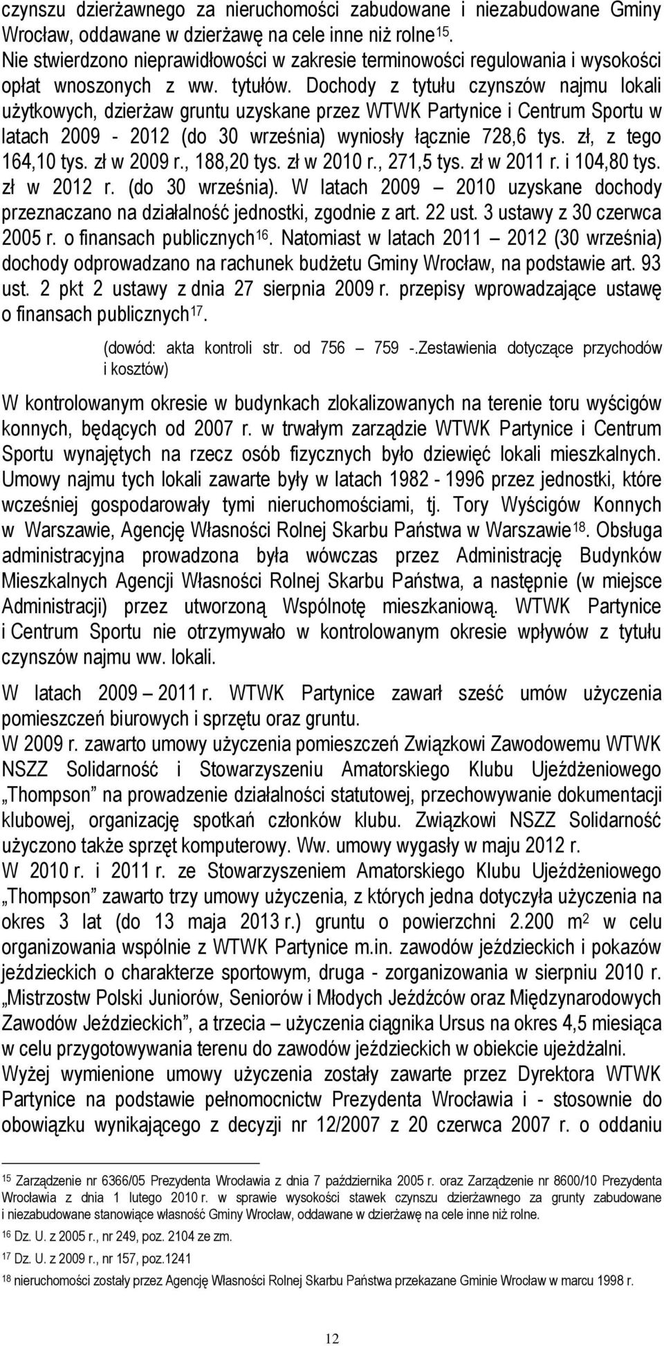 Dochody z tytułu czynszów najmu lokali użytkowych, dzierżaw gruntu uzyskane przez WTWK Partynice i Centrum Sportu w latach 2009-2012 (do 30 września) wyniosły łącznie 728,6 tys. zł, z tego 164,10 tys.