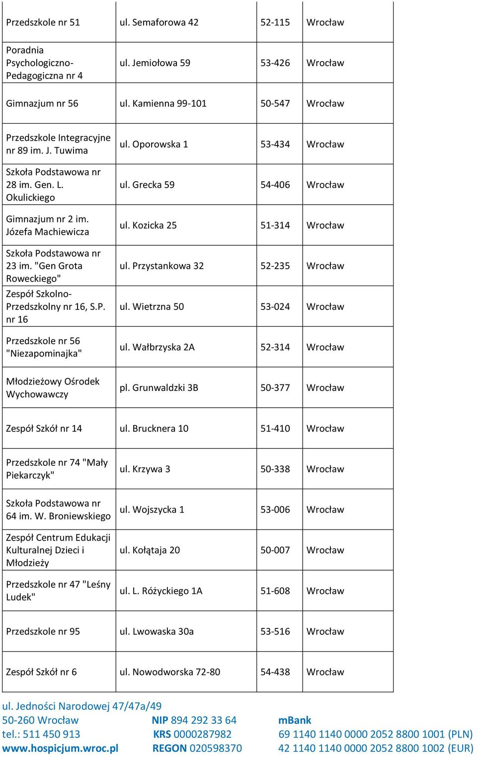 "Gen Grota Roweckiego" Zespół Szkolno- Przedszkolny nr 16, S.P. nr 16 Przedszkole nr 56 "Niezapominajka" ul. Oporowska 1 53-434 Wrocław ul. Grecka 59 54-406 Wrocław ul. Kozicka 25 51-314 Wrocław ul.