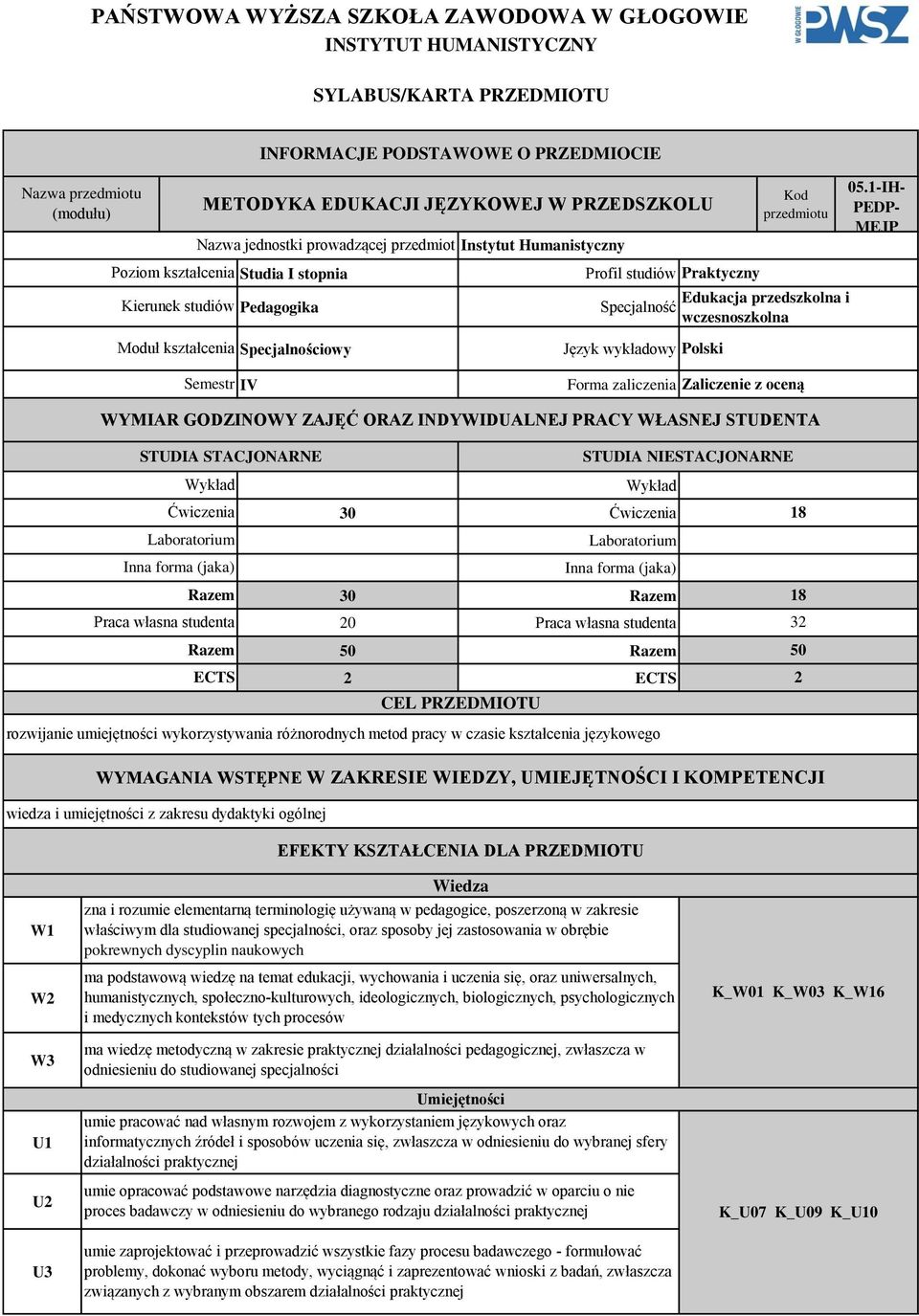 -IH- PEDP- MEJP Poziom kształcenia Studia I stopnia Kierunek studiów Pedagogika Moduł kształcenia Specjalnościowy Semestr IV Profil studiów Praktyczny Specjalność Język wykładowy Polski Edukacja