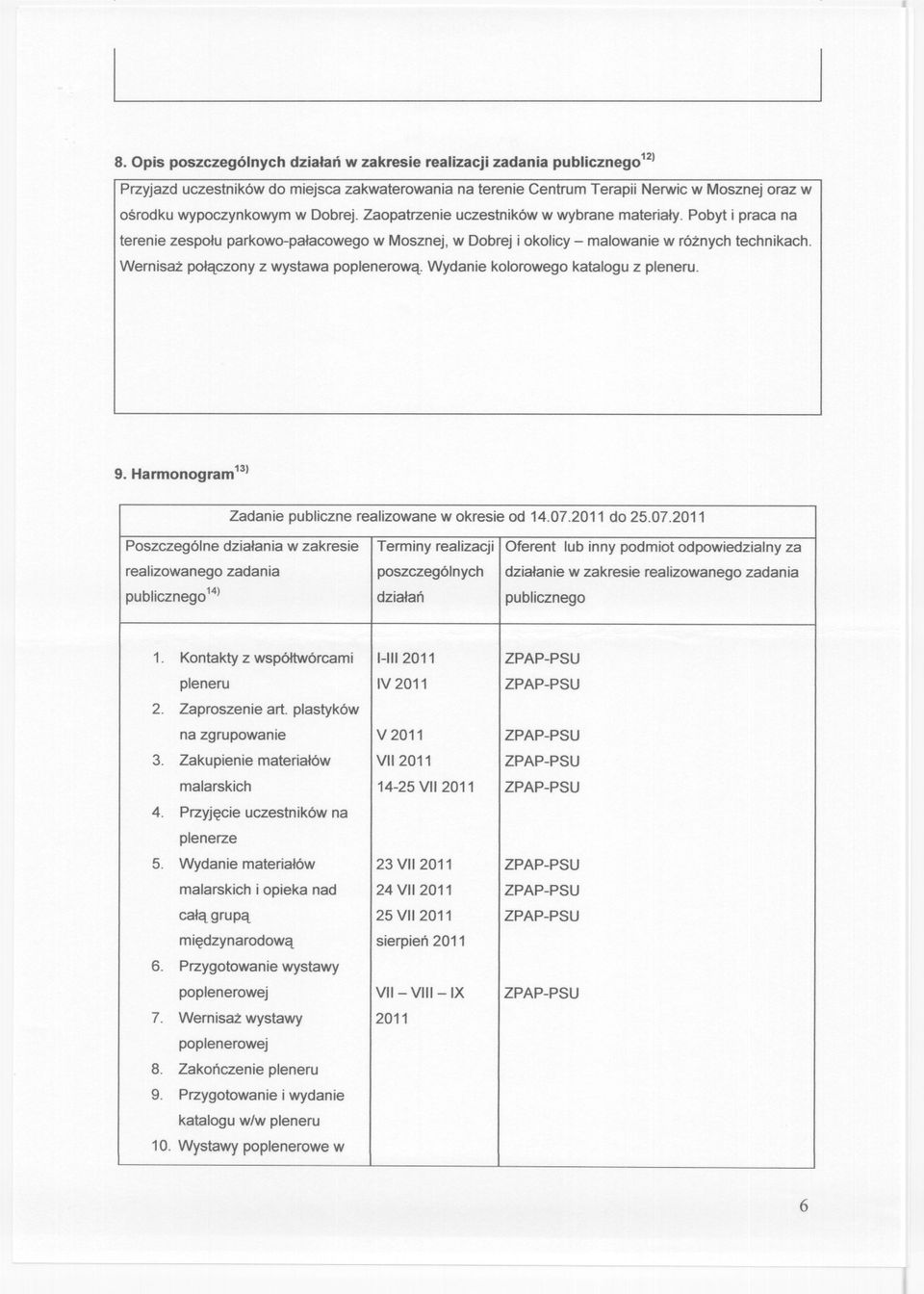 Wernisaz polaczony z wystawa poplenerowa. Wydanie kolorowego katalogu z pleneru. 9. Harmonogram 13) Zadanie publiczne realizowane w okresie od 14.07.