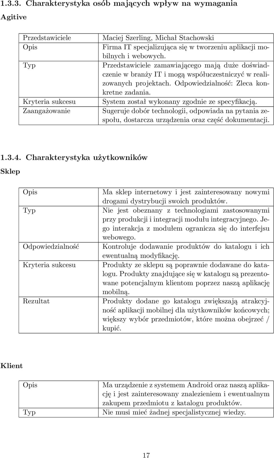 System został wykonany zgodnie ze specyfikacją. Sugeruje dobór technologii, odpowiada na pytania zespołu, dostarcza urządzenia oraz część dokumentacji. 1.3.4.