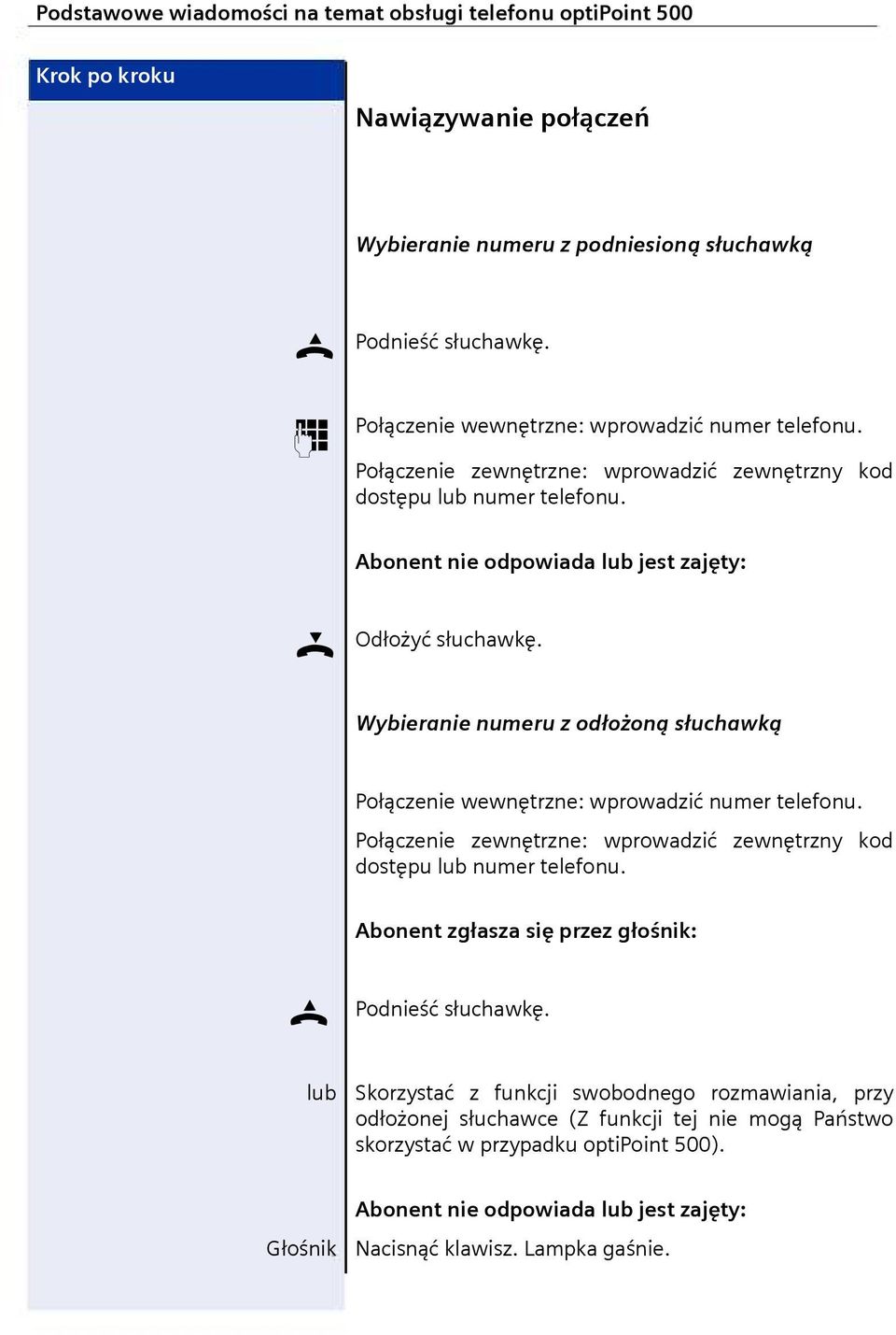 Wybieranie numeru z odłożoną słuchawką Połączenie wewnętrzne: wprowadzić numer telefonu. Połączenie zewnętrzne: wprowadzić zewnętrzny kod dostępu lub numer telefonu.