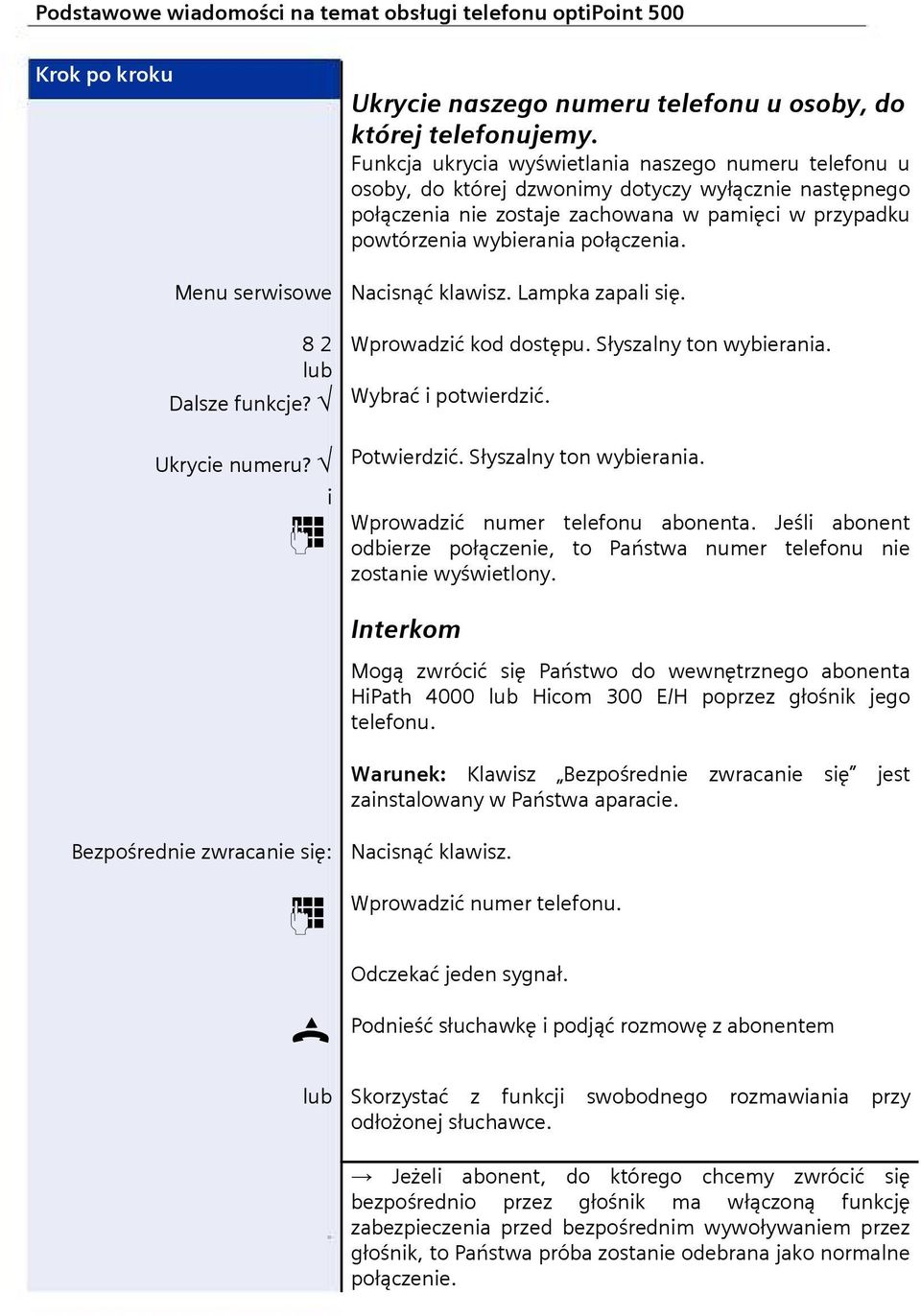 Menu serwisowe Nacisnąć klawisz. Lampka zapali się. 8 2 Wprowadzić kod dostępu. Słyszalny ton wybierania. lub Dalsze funkcje? Wybrać i potwierdzić. Ukrycie numeru? Potwierdzić.