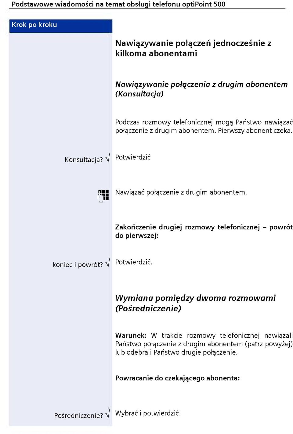 Zakończenie drugiej rozmowy telefonicznej powrót do pierwszej: koniec i powrót? Potwierdzić.