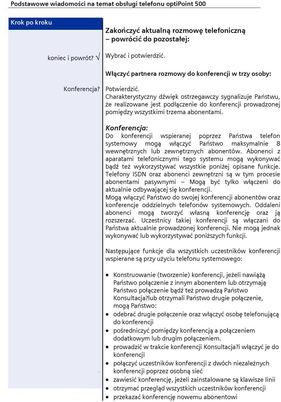 Konferencja: Do konferencji wspieranej poprzez Państwa telefon systemowy mogą włączyć Państwo maksymalnie 8 wewnętrznych lub zewnętrznych abonentów.