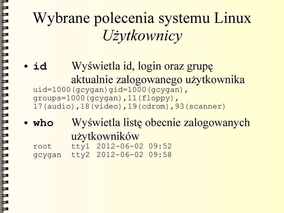 groups=1000(gcygan),11(floppy), 17(audio),18(video),19(cdrom),93(scanner) who