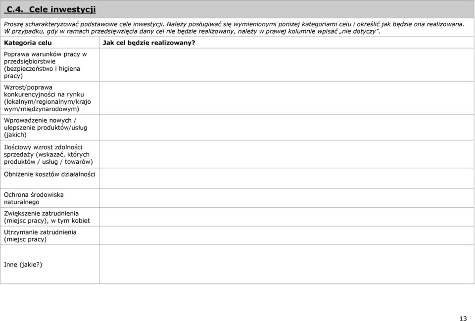 Kategoria celu Poprawa warunków pracy w przedsiębiorstwie (bezpieczeństwo i higiena pracy) Wzrost/poprawa konkurencyjności na rynku (lokalnym/regionalnym/krajo wym/międzynarodowym) Wprowadzenie