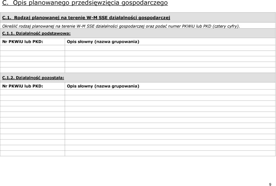 terenie W-M SSE działalności gospodarczej oraz podać numer PKWiU lub PKD (cztery cyfry). C.1.
