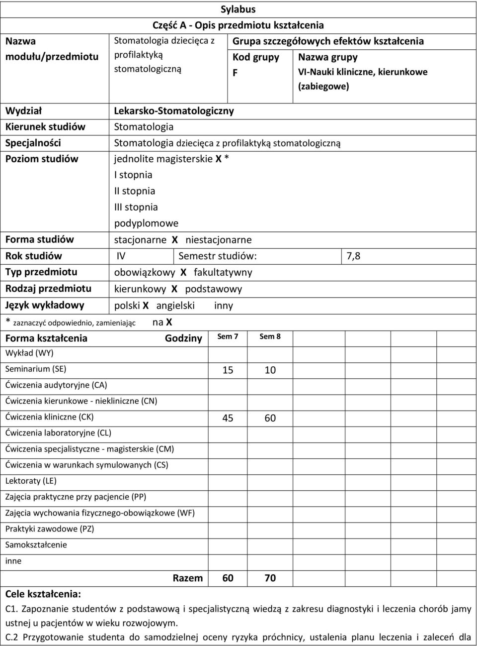 magisterskie X * Forma studiów I stopnia II stopnia III stopnia podyplomowe stacjonarne X niestacjonarne Rok studiów IV Semestr studiów: 7,8 Typ przedmiotu obowiązkowy X fakultatywny Rodzaj