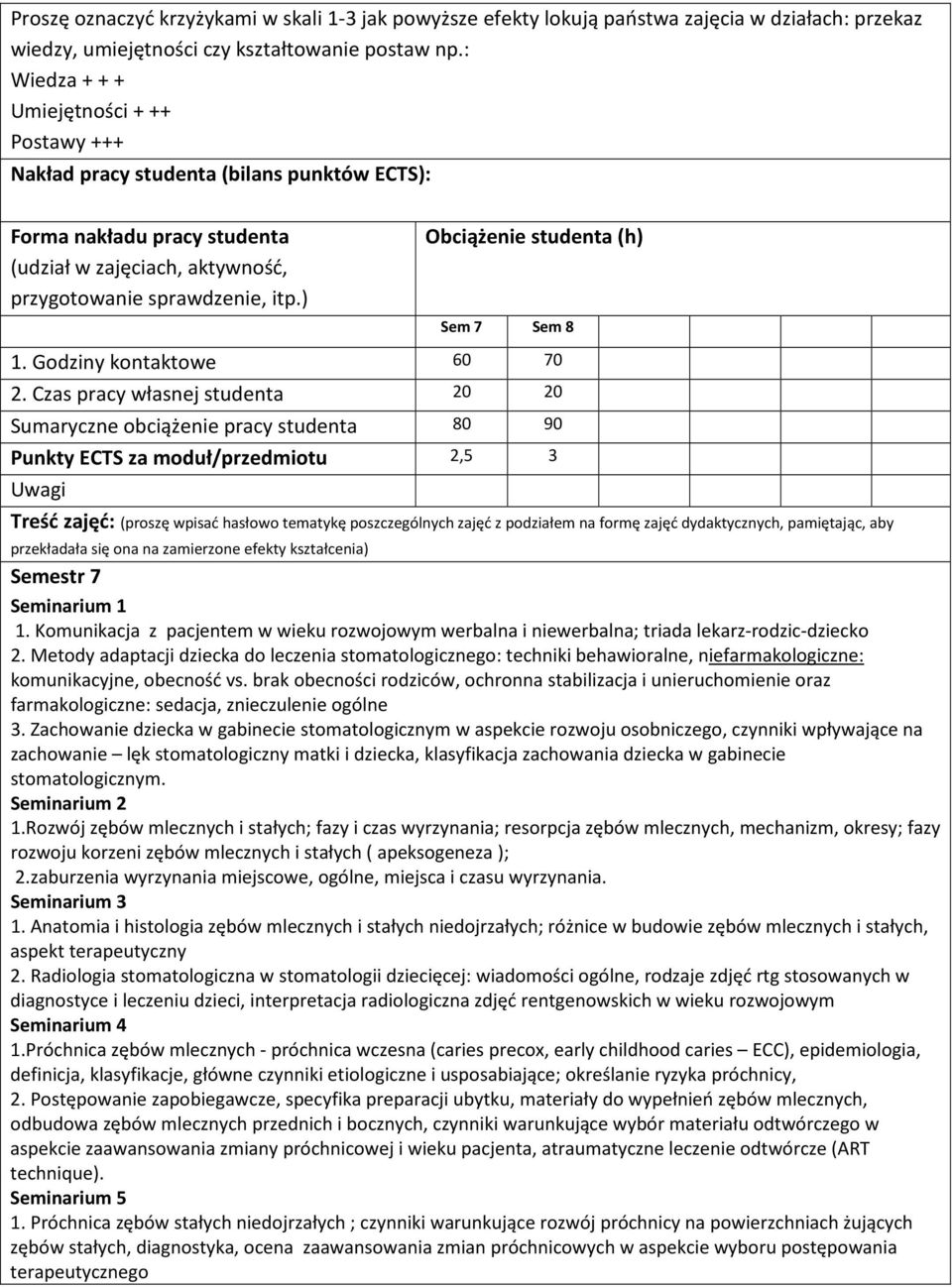 ) Obciążenie studenta (h) Sem 7 Sem 8 1. Godziny kontaktowe 60 70 2.