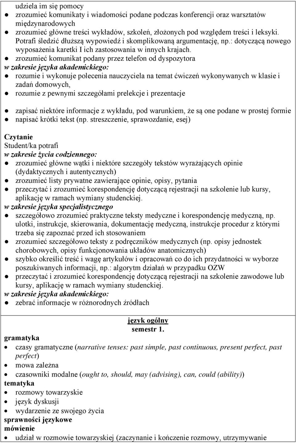 zrozumieć komunikat podany przez telefon od dyspozytora w zakresie języka akademickiego: rozumie i wykonuje polecenia nauczyciela na temat ćwiczeń wykonywanych w klasie i zadań domowych, rozumie z