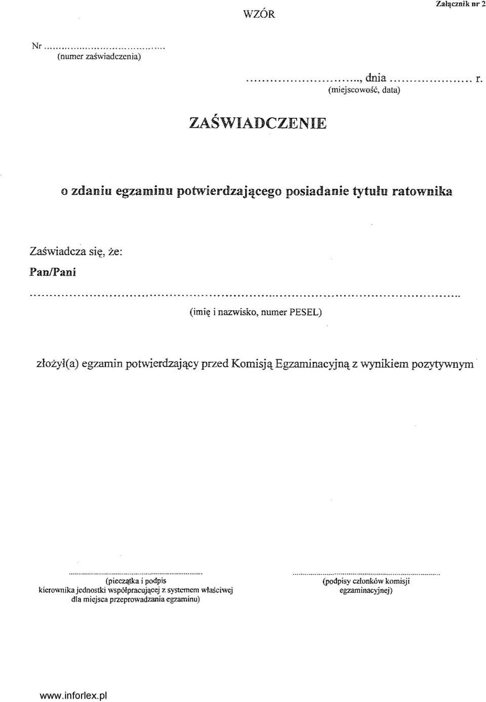 że: Pan/Pani (imię i nazwisko, numer PESEL) złożył( a) egzamin potwierdzający przed Komisją Egzaminacyjną z