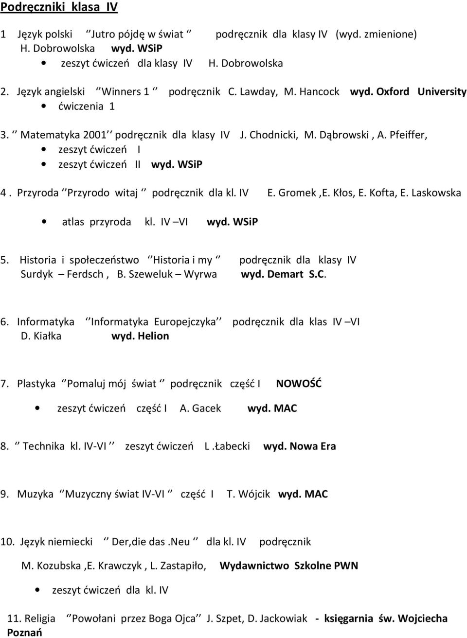 Pfeiffer, zeszyt ćwiczeń I zeszyt ćwiczeń II wyd. WSiP 4. Przyroda Przyrodo witaj podręcznik dla kl. IV E. Gromek,E. Kłos, E. Kofta, E. Laskowska atlas przyroda kl. IV VI wyd. WSiP 5.