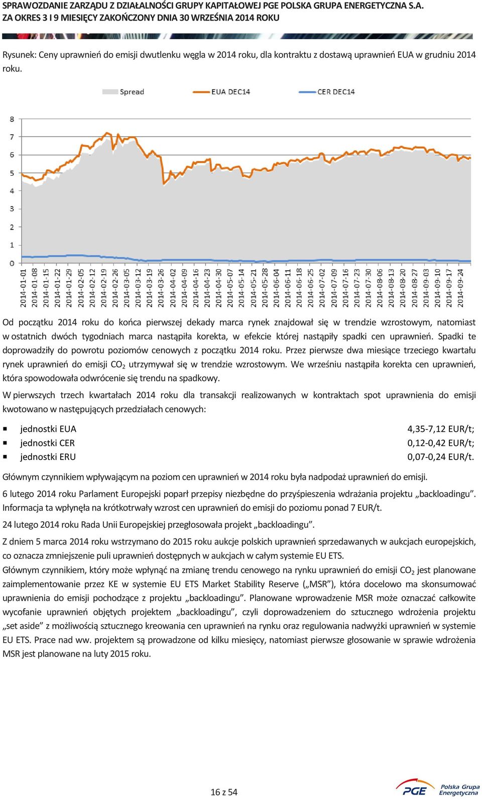 uprawnień. Spadki te doprowadziły do powrotu poziomów cenowych z początku 2014 roku. Przez pierwsze dwa miesiące trzeciego kwartału rynek uprawnień do emisji CO 2 utrzymywał się w trendzie wzrostowym.