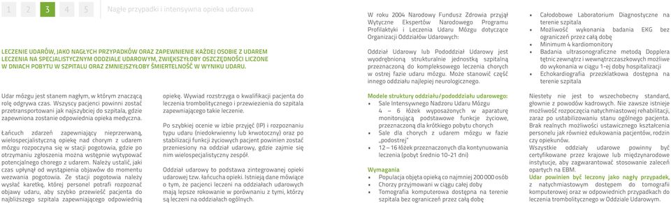 W roku 2004 Narodowy Fundusz Zdrowia przyjął Wytyczne Ekspertów Narodowego Programu Profilaktyki i Leczenia Udaru Mózgu dotyczące Organizacji Oddziałów Udarowych: Oddział Udarowy lub Pododdział