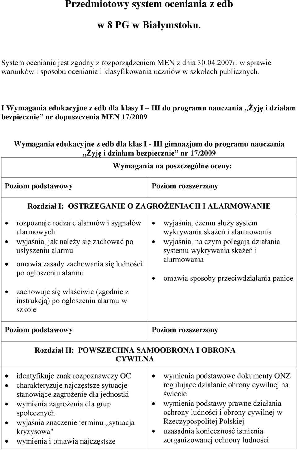 I Wymagania edukacyjne z edb dla klasy I III do programu nauczania Żyję i działam bezpiecznie nr dopuszczenia MEN 17/2009 Wymagania edukacyjne z edb dla klas I - III gimnazjum do programu nauczania