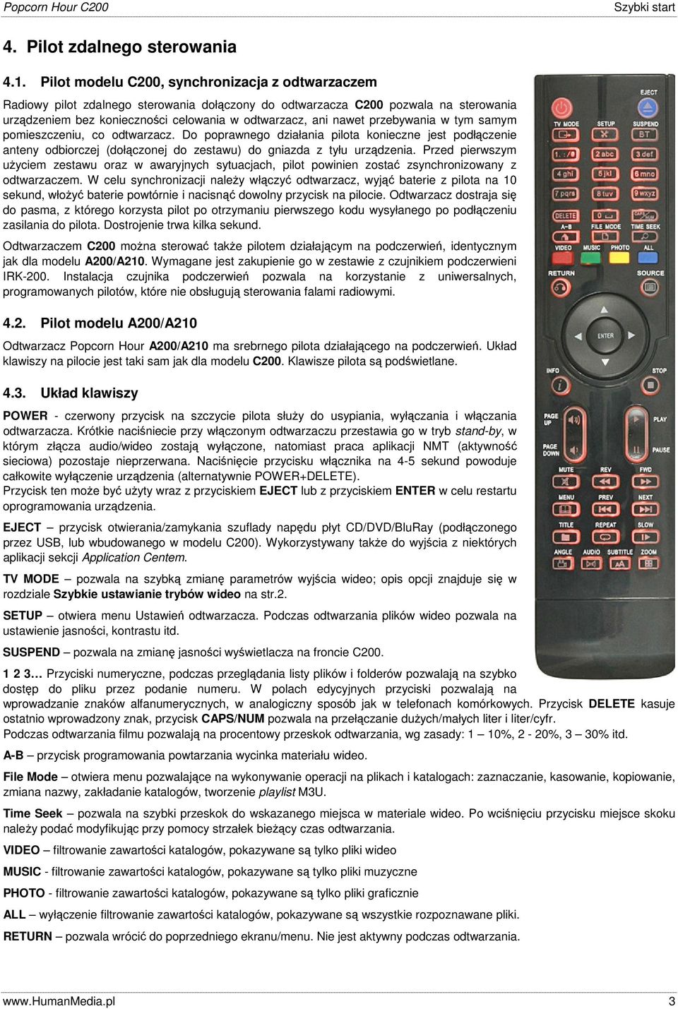 przebywania w tym samym pomieszczeniu, co odtwarzacz. Do poprawnego działania pilota konieczne jest podłączenie anteny odbiorczej (dołączonej do zestawu) do gniazda z tyłu urządzenia.