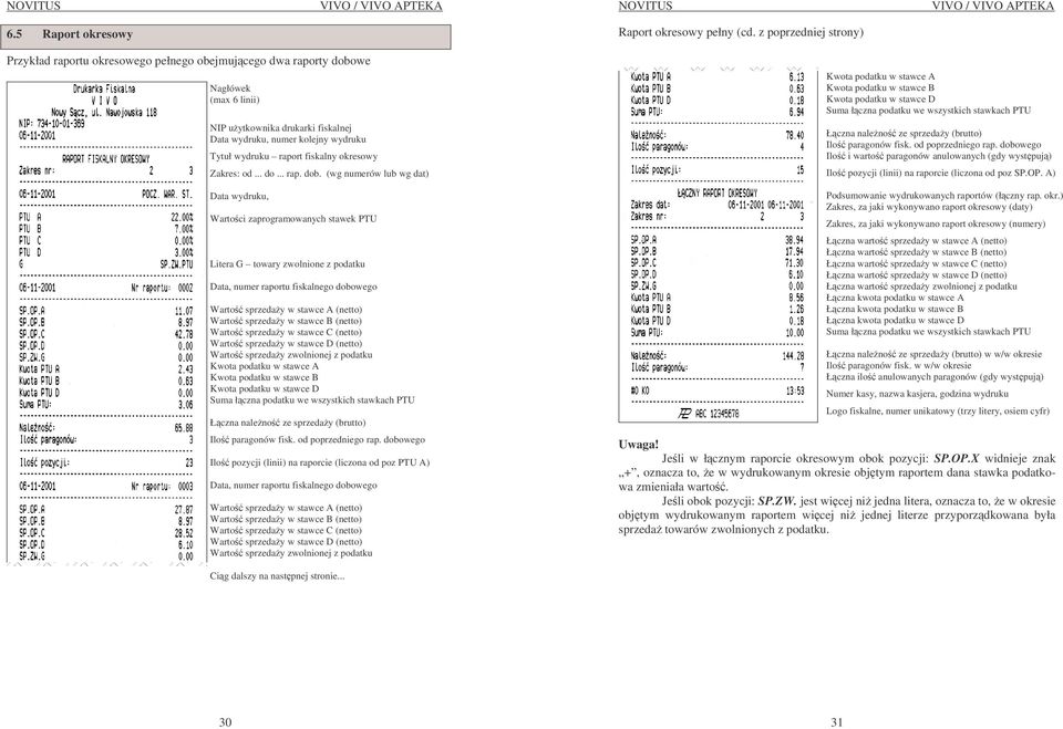 (wg numerów lub wg dat) Data wydruku, Wartoci zaprogramowanych stawek PTU Litera G towary zwolnione z podatku Data, numer raportu fiskalnego dobowego Warto sprzeday w stawce A (netto) Warto sprzeday