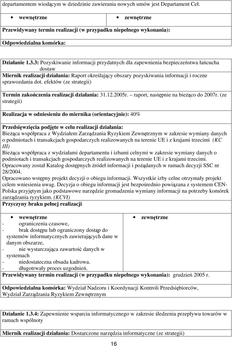 efektów (ze strategii) Termin zakończenia realizacji działania: 31.12.2005r. raport, następnie na bieżąco do 2007r.