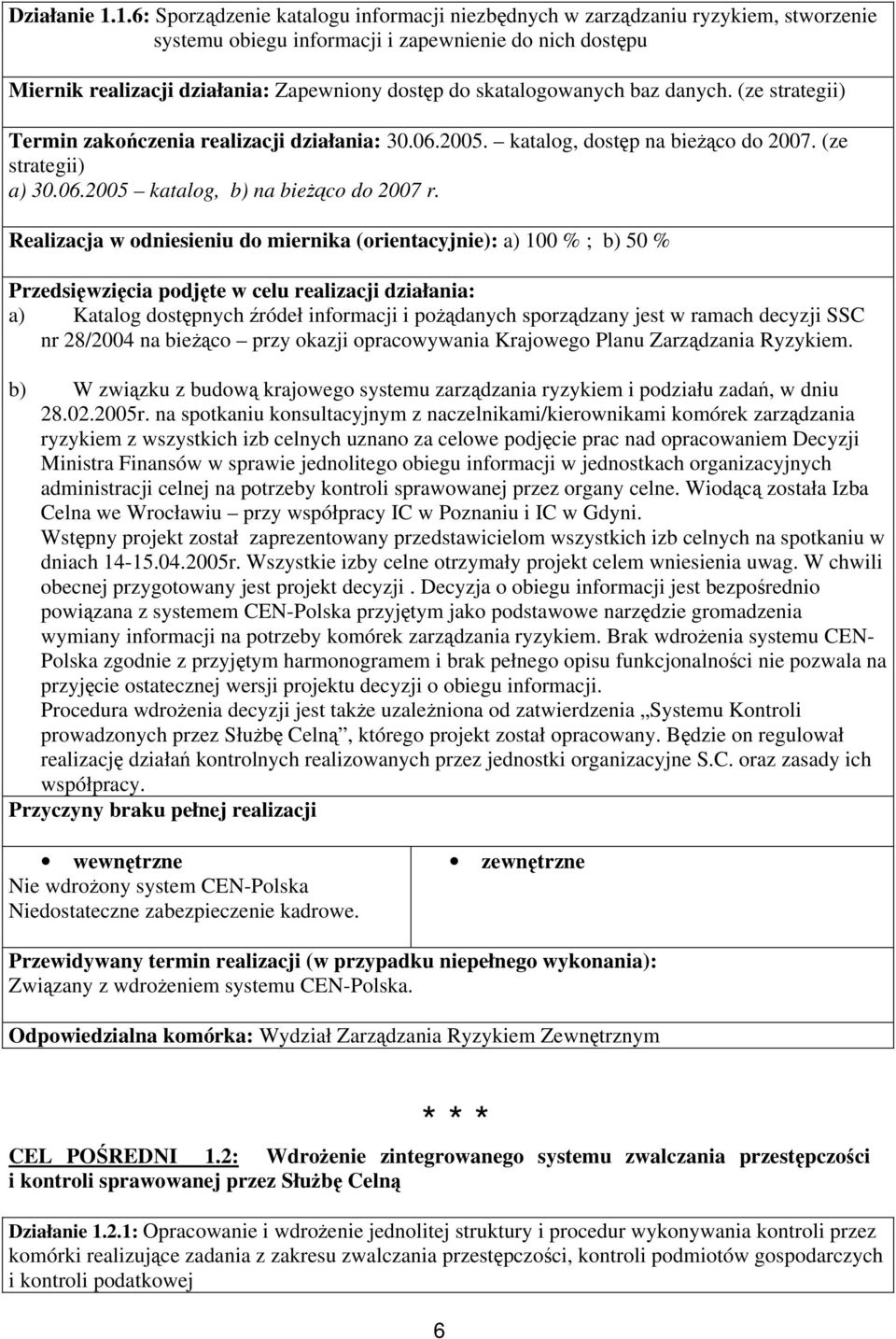 skatalogowanych baz danych. (ze strategii) Termin zakończenia realizacji działania: 30.06.2005. katalog, dostęp na bieżąco do 2007. (ze strategii) a) 30.06.2005 katalog, b) na bieżąco do 2007 r.