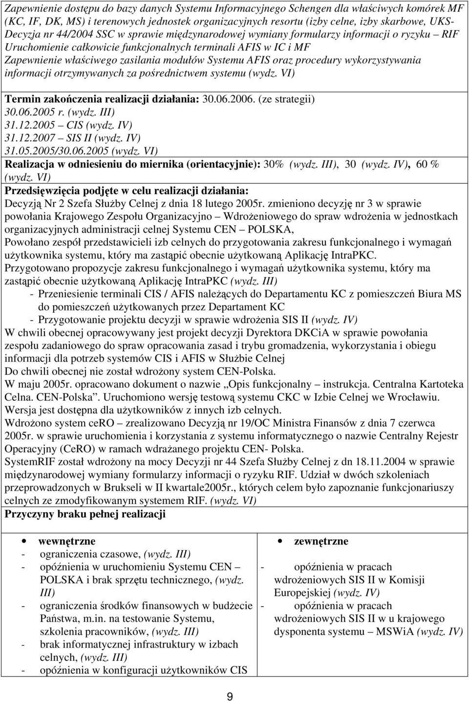 AFIS oraz procedury wykorzystywania informacji otrzymywanych za pośrednictwem systemu (wydz. VI) Termin zakończenia realizacji działania: 30.06.2006. (ze strategii) 30.06.2005 r. (wydz. III) 31.12.