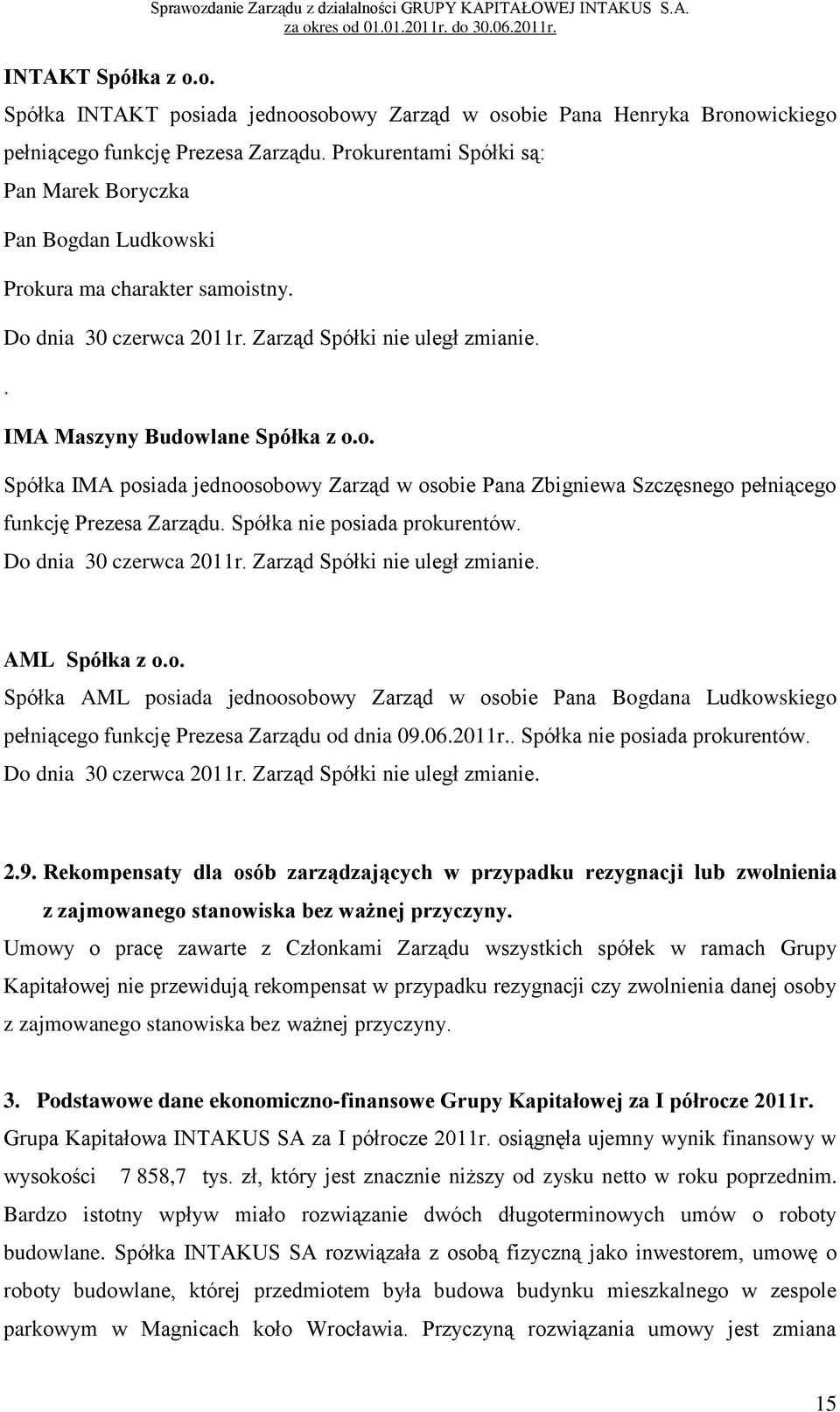 Spółka nie posiada prokurentów. Do dnia 30 czerwca 2011r. Zarząd Spółki nie uległ zmianie. AML Spółka z o.o. Spółka AML posiada jednoosobowy Zarząd w osobie Pana Bogdana Ludkowskiego pełniącego funkcję Prezesa Zarządu od dnia 09.