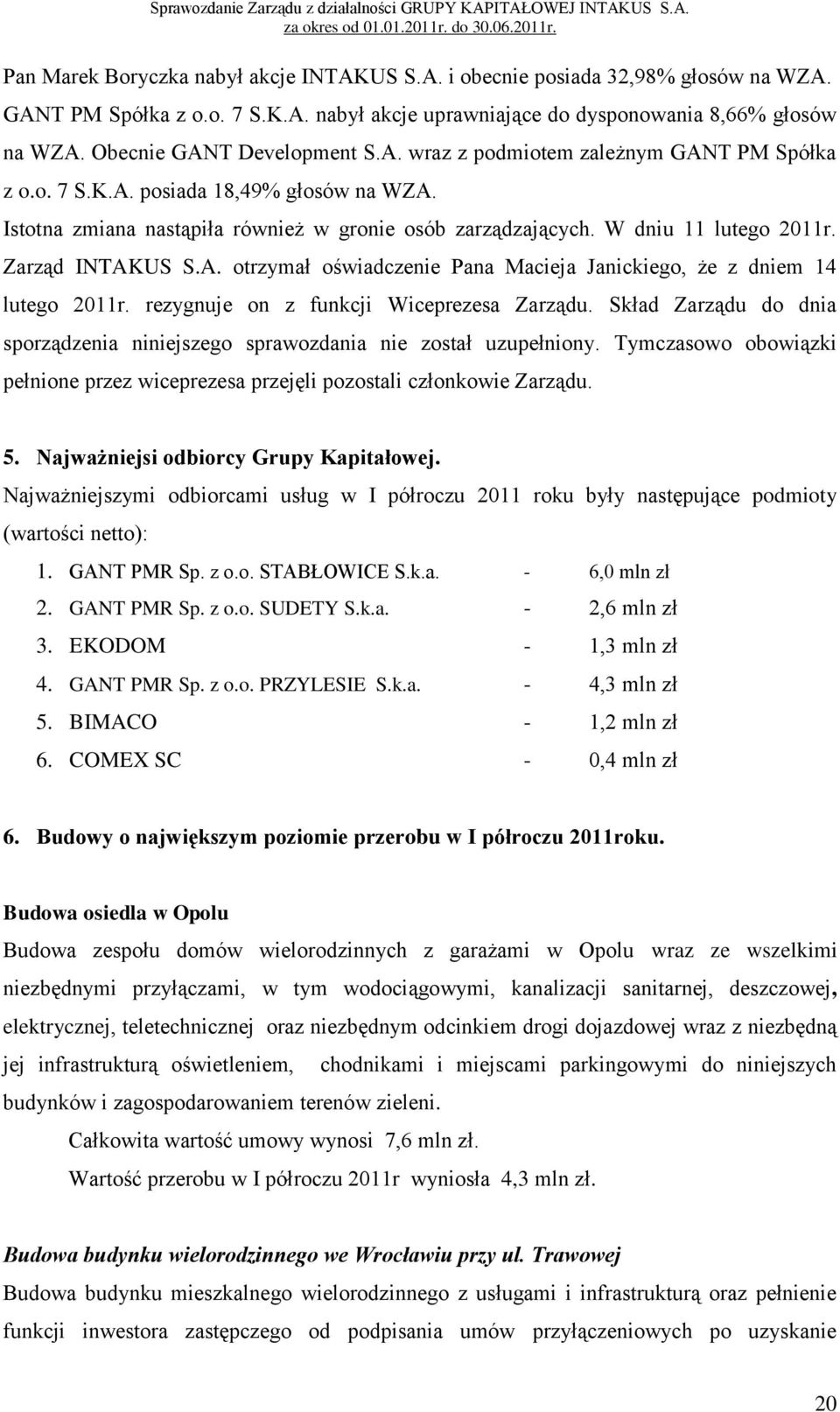 W dniu 11 lutego 2011r. Zarząd INTAKUS S.A. otrzymał oświadczenie Pana Macieja Janickiego, że z dniem 14 lutego 2011r. rezygnuje on z funkcji Wiceprezesa Zarządu.