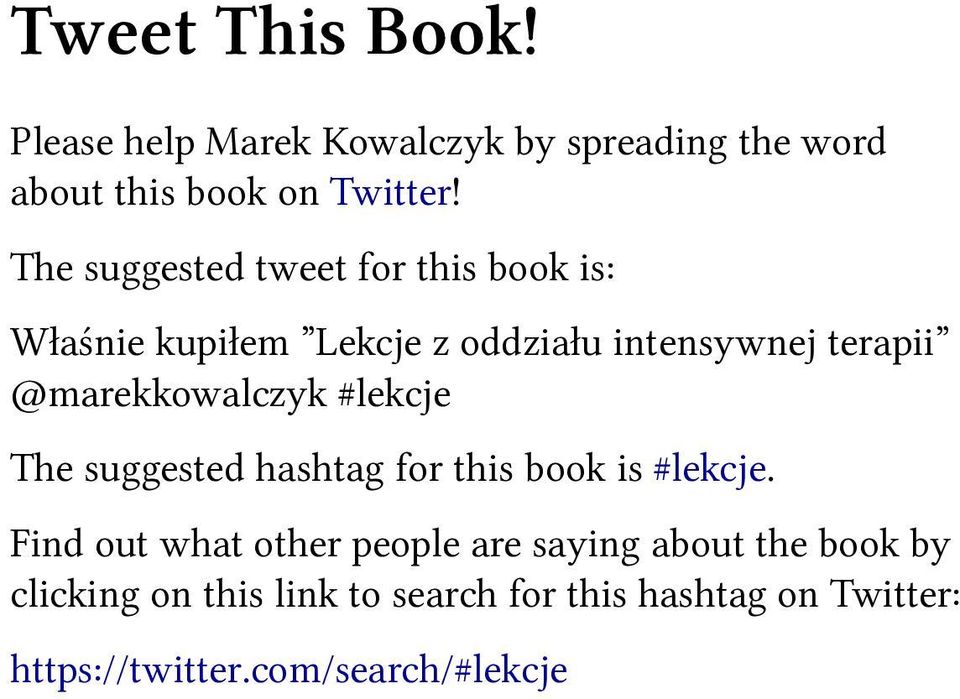 @marekkowalczyk #lekcje The suggested hashtag for this book is #lekcje.