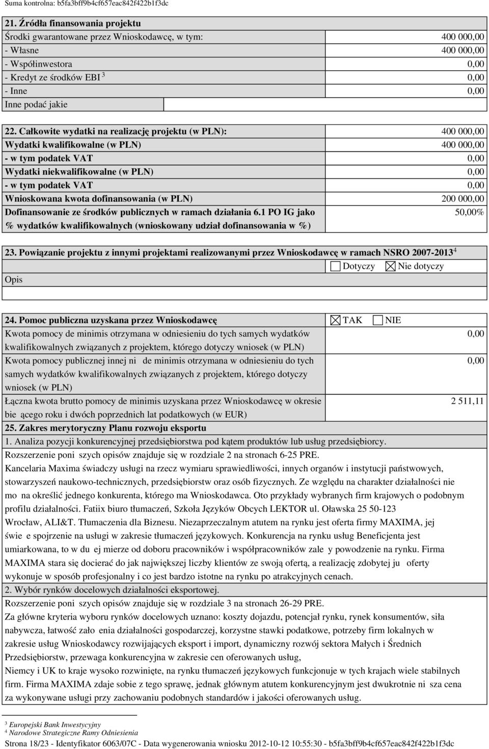 Wnioskowana kwota dofinansowania (w PLN) 200 000,00 Dofinansowanie ze środków publicznych w ramach działania 6.