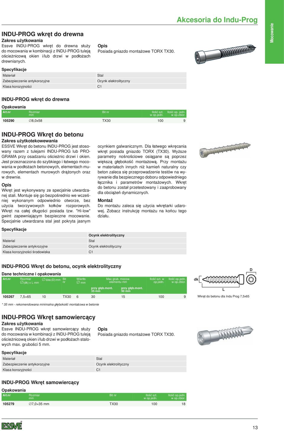 105290 8,0x58 TX30 100 9 INU-PROG Wkręt do betonu Zakres użytkotekowewania ESSVE Wkręt do betonu INU-PROG jest stosowany razem z tulejami INU-PROG lub PRO- GRAMA przy osadzaniu ościeżnic drzwi i