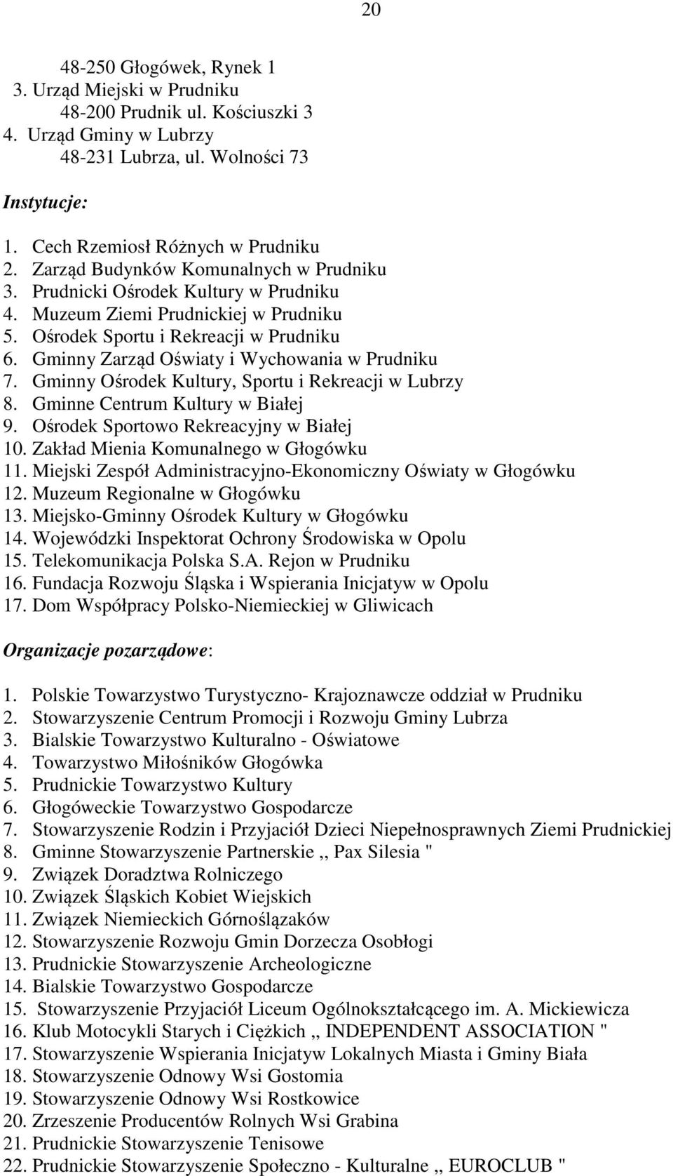 Gminny Zarząd Oświaty i Wychowania w Prudniku 7. Gminny Ośrodek Kultury, Sportu i Rekreacji w Lubrzy 8. Gminne Centrum Kultury w Białej 9. Ośrodek Sportowo Rekreacyjny w Białej 10.