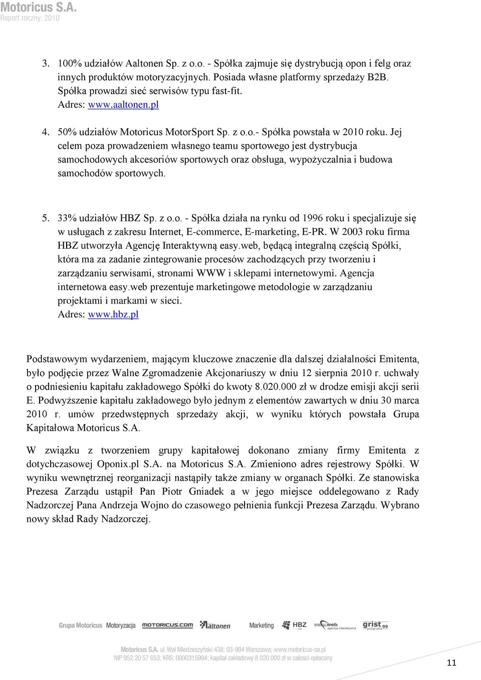 Jej celem poza prowadzeniem własnego teamu sportowego jest dystrybucja samochodowych akcesoriów sportowych oraz obsługa, wypożyczalnia i budowa samochodów sportowych. 5. 33% udziałów HBZ Sp. z o.o. - Spółka działa na rynku od 1996 roku i specjalizuje się w usługach z zakresu Internet, E-commerce, E-marketing, E-PR.