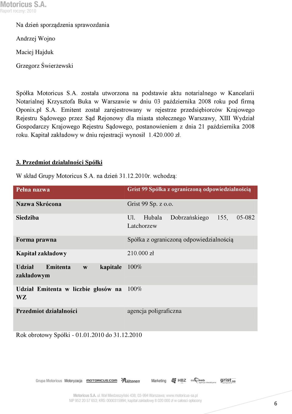 Emitent został zarejestrowany w rejestrze przedsiębiorców Krajowego Rejestru Sądowego przez Sąd Rejonowy dla miasta stołecznego Warszawy, XIII Wydział Gospodarczy Krajowego Rejestru Sądowego,