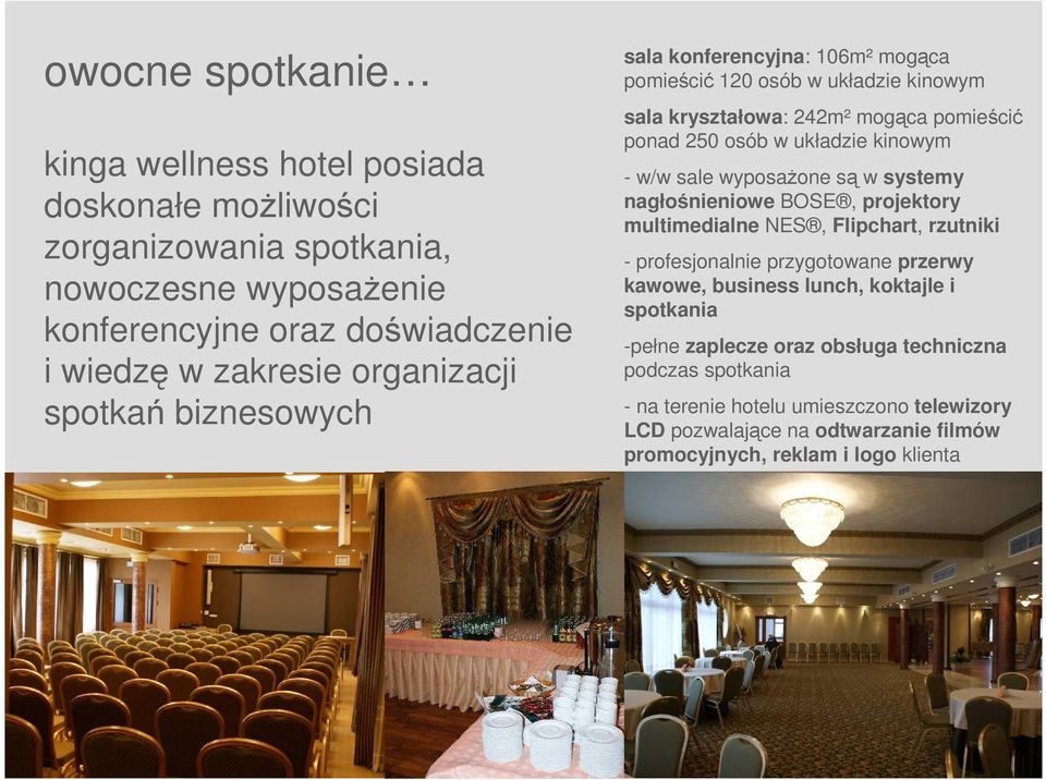 - w/w sale wyposaŝone są w systemy nagłośnieniowe BOSE, projektory multimedialne NES, Flipchart, rzutniki - profesjonalnie przygotowane przerwy kawowe, business lunch, koktajle