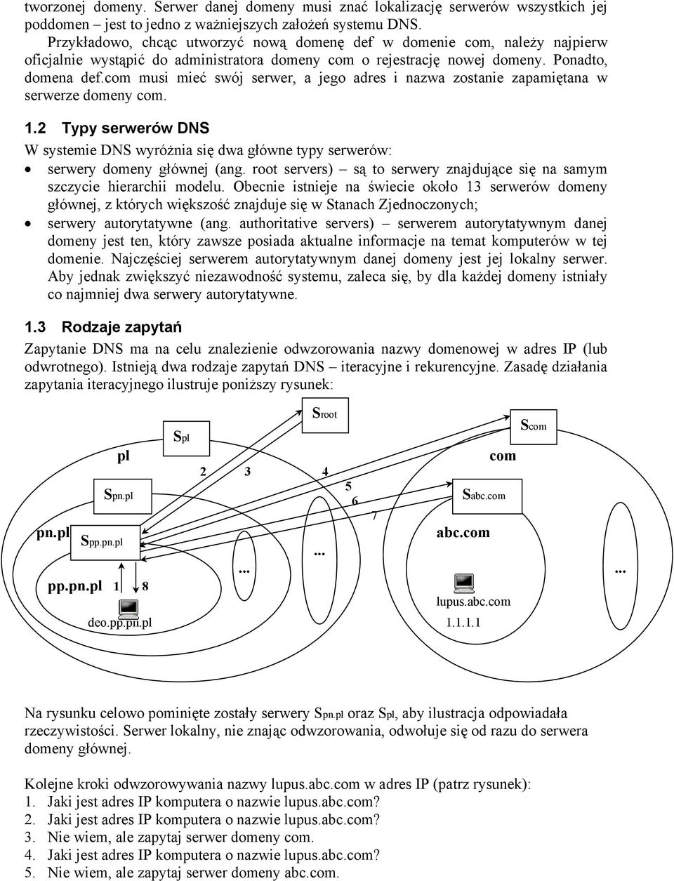 com musi mieć swój serwer, a jego adres i nazwa zostanie zapamiętana w serwerze domeny com. 1.2 Typy serwerów DNS W systemie DNS wyróżnia się dwa główne typy serwerów: serwery domeny głównej (ang.