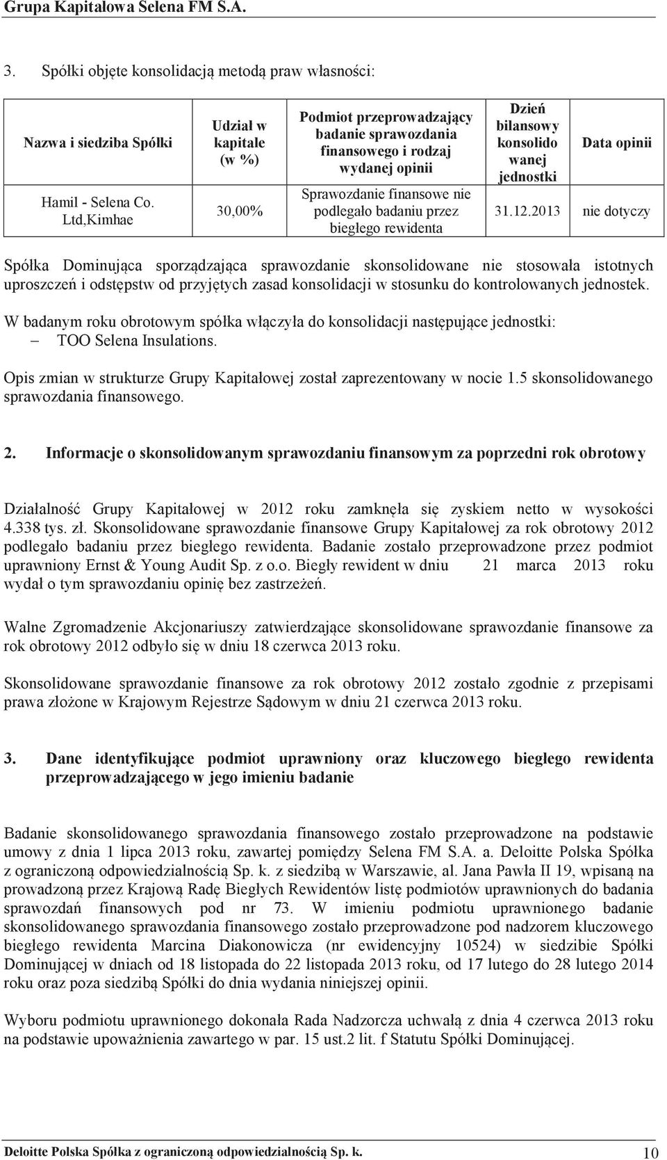 uproszcze# i odst&pstw od przyj&tych zasad konsolidacji w stosunku do kontrolowanych jednostek. W badanym roku obrotowym spóka w czya do konsolidacji nast&puj ce jednostki: TOO Selena Insulations.