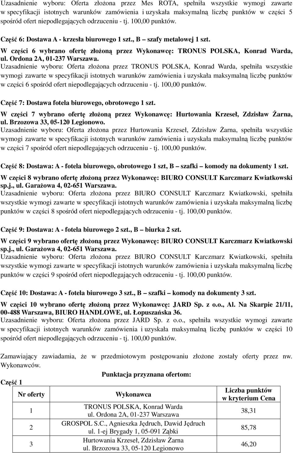 Uzasadnienie wyboru: Oferta złożona przez, spełniła wszystkie w części spośród ofert niepodlegających odrzuceniu - tj. 00,00 punktów. Część : Dostawa fotela biurowego, obrotowego szt.